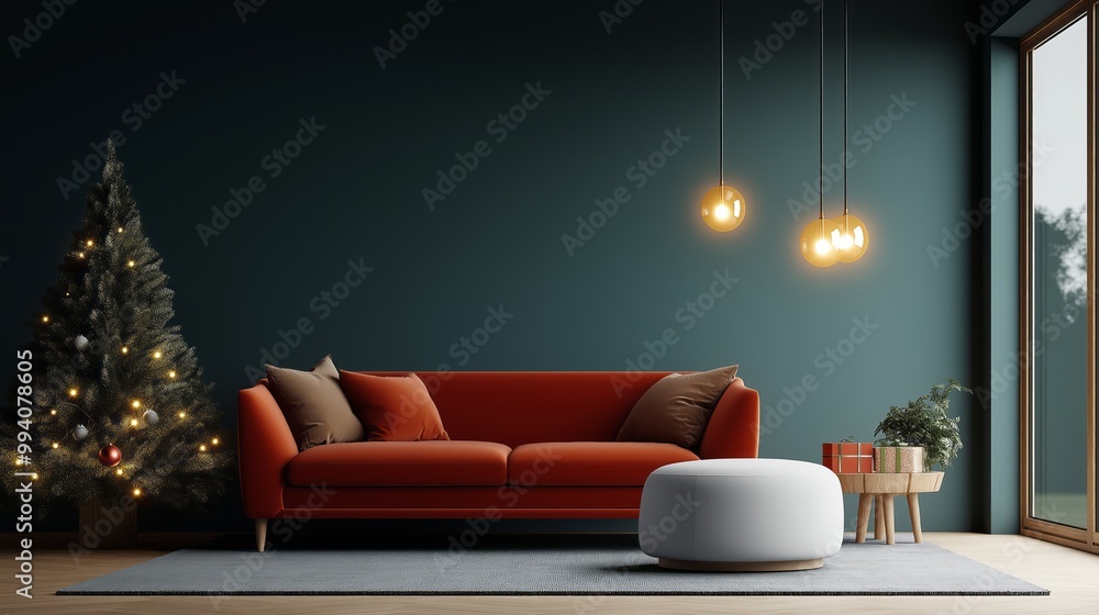 Obraz premium Modern Living Room with Christmas Tree and Red Sofa