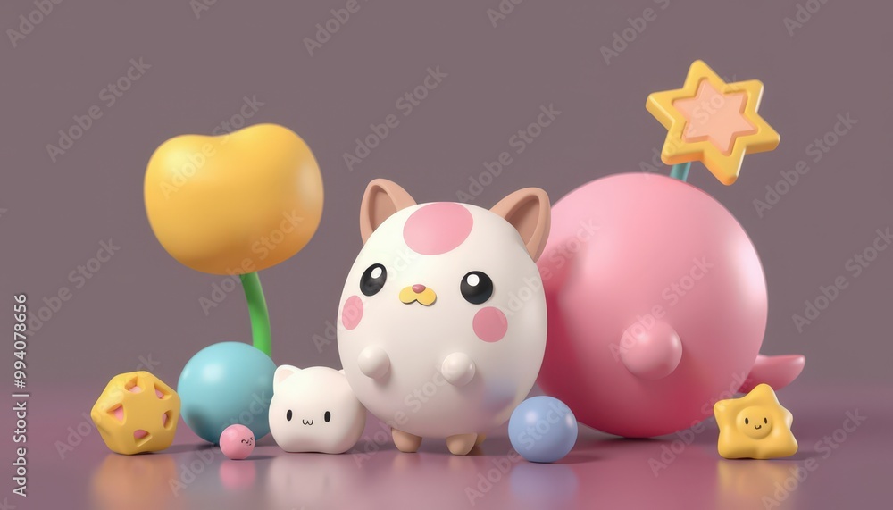 Cute 3D cartoon cat character with colorful geometric shapes. Cute 3D cartoon cat character with colorful geometric shapes.