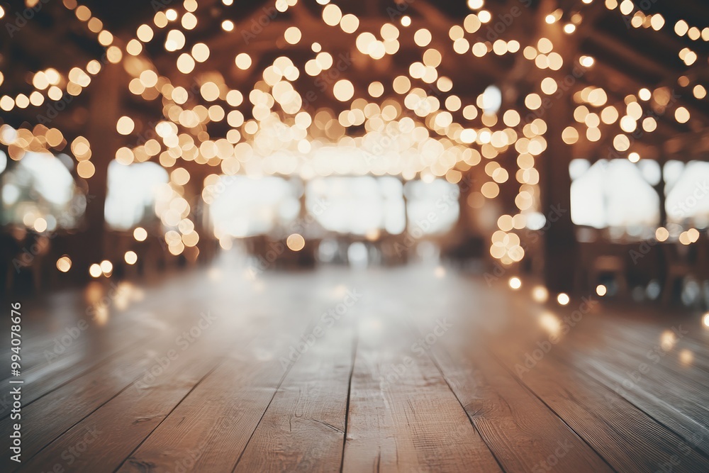 Warm wooden interior with festive twinkling lights Warm wooden interior with festive twinkling lights