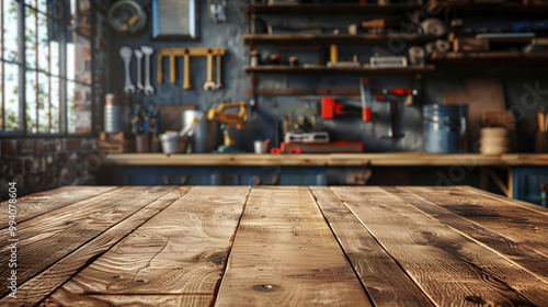 wooden table in the foreground; blurred background with carpenter's tools