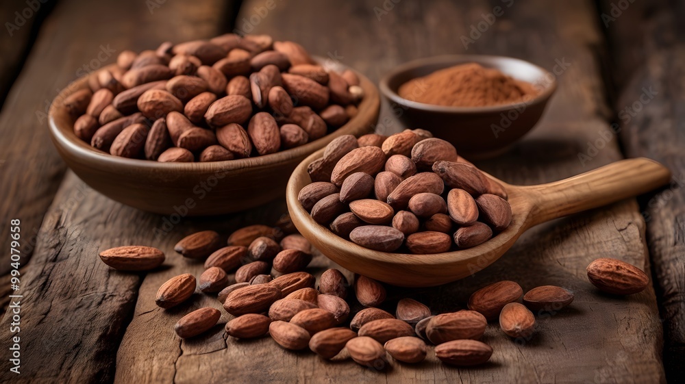 roasted cocoa beans on wooden background roasted cocoa beans on wooden background