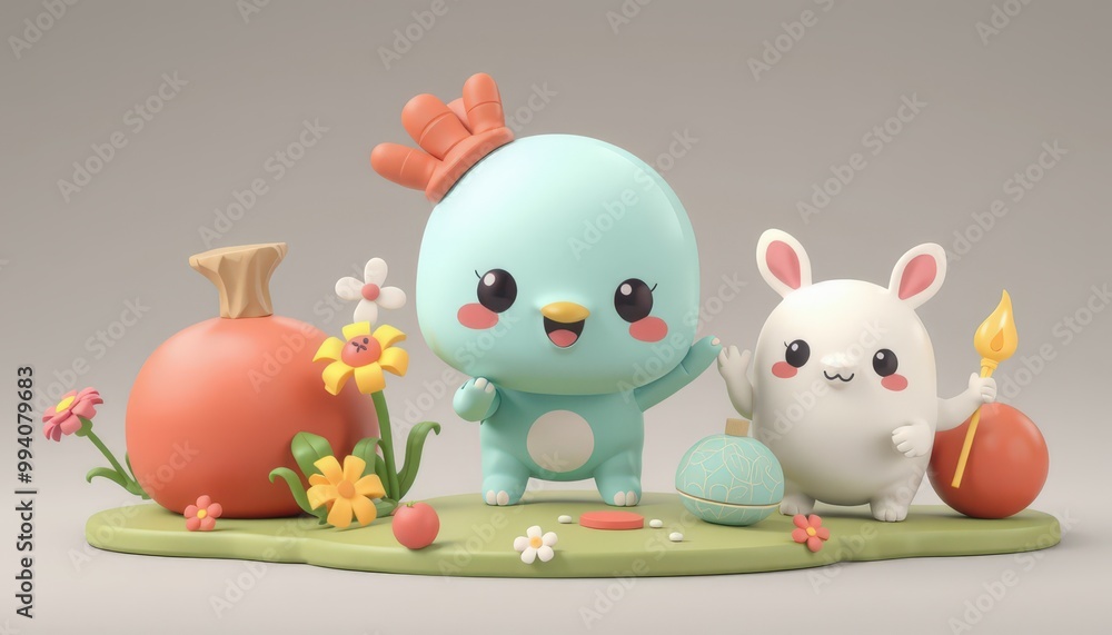 Cute 3D Cartoon Characters on a Green Platform. Cute 3D Cartoon Characters on a Green Platform.
