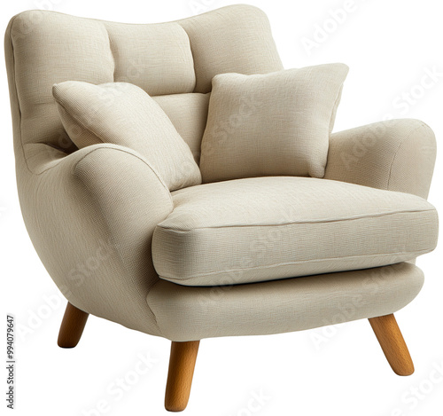 Modern Sofa with Wooden Legs, isolated on transparent background.