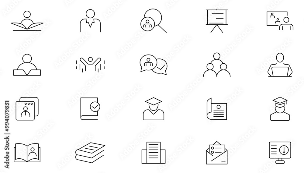 Teacher line icon set. Knowledge, E-learning, video tutorial, study, school, university, webinar, teacher, school, creativity, wisdom line icon set. UI thin line icon pack. Teacher line icon set. Knowledge, E-learning, video tutorial, study, school, university, webinar, teacher, school, creativity, wisdom line icon set. UI thin line icon pack.