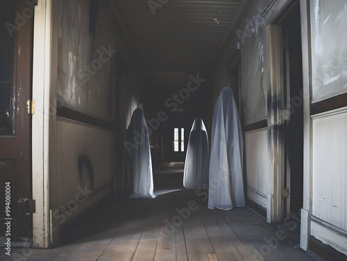 Spooky hotel with ghostly visitors wandering the halls at night, creating an eerie atmosphere. photo