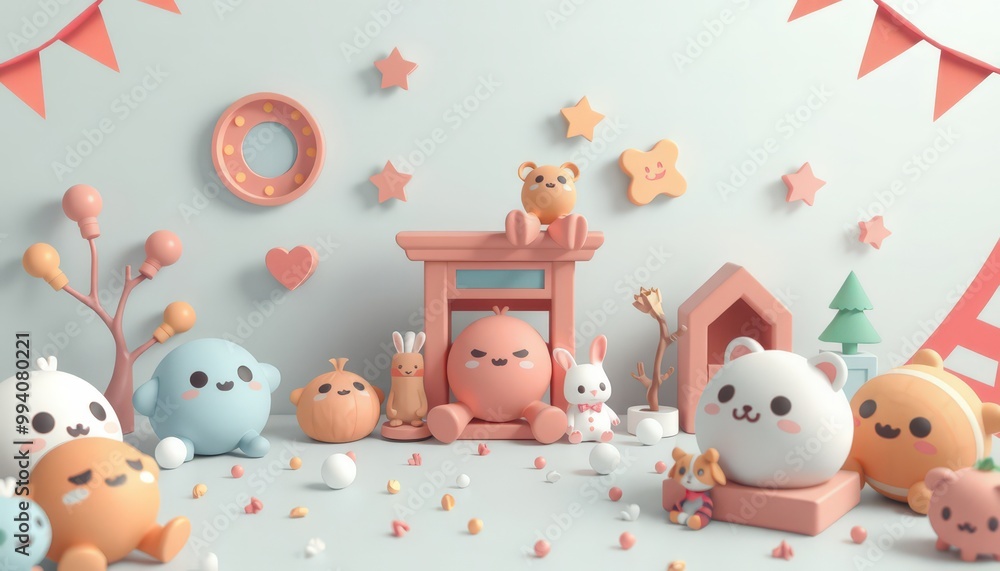 Cute 3D Cartoon Characters on Pastel Background. Cute 3D Cartoon Characters on Pastel Background.