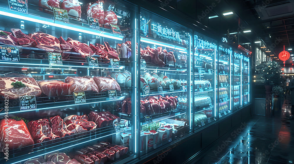 Meat aisle with various cuts displayed in a refrigerated grocery section. close-up of a meat fridge in a grocery store filled with various cuts of fresh meat various cuts of beef, pork and other meats Meat aisle with various cuts displayed in a refrigerated grocery section. close-up of a meat fridge in a grocery store filled with various cuts of fresh meat various cuts of beef, pork and other meats