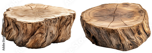 Rustic Teak Wood Stools: A Pair of Unique, Naturally Weathered Teak Tree Stump Side Tables for Home Decor, isolated on transparent background.	 