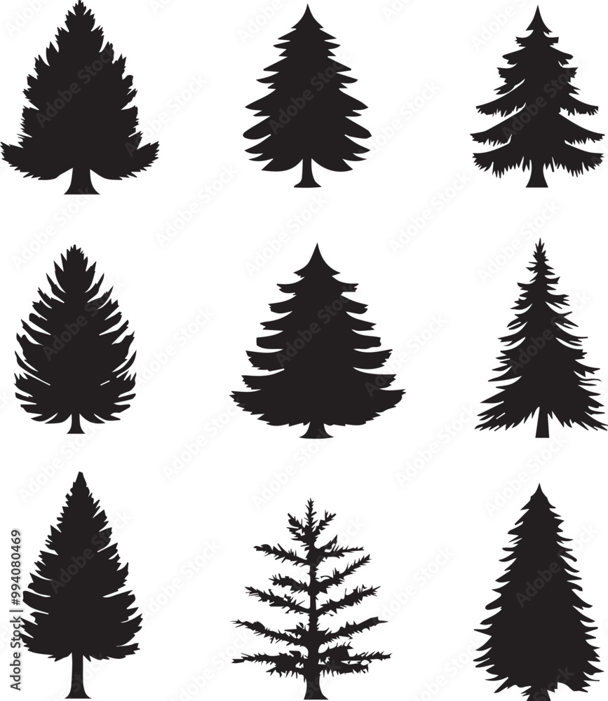 Obraz premium A bundle of minimalist pine tree silhouette vector, Pine tree vector silhouette. 