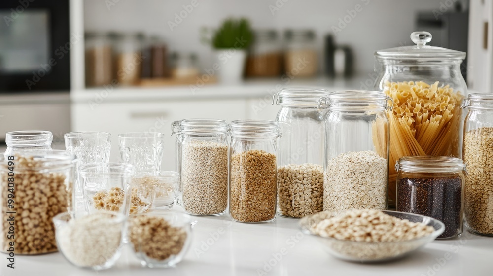 A white kitchen table holds various grains, cereals, and pasta in glass jars, along with a set of clear drinking glasses. The scene is laid out flat, suggesting food preparation in a kitchen. A white kitchen table holds various grains, cereals, and pasta in glass jars, along with a set of clear drinking glasses. The scene is laid out flat, suggesting food preparation in a kitchen.