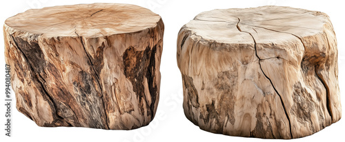 Rustic Teak Wood Stools: A Pair of Unique, Naturally Weathered Teak Tree Stump Side Tables for Home Decor, isolated on transparent background.	 