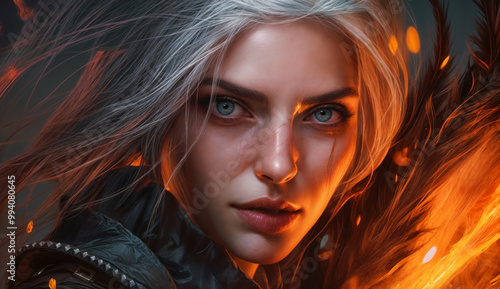 Fierce fantasy heroine with piercing blue eyes and white hair, surrounded by fiery embers, exuding determination and power in a dramatic close-up portrait photo