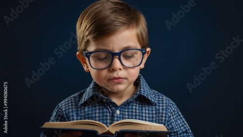 Young Boy with Thin-Frame Glasses Focused on Reading