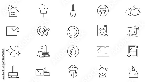 House Cleaning line icon set. Washing floors, windows, dishes, clothes, water pollution, Laundry detergent, washing line icon set. UI thin line icon pack.