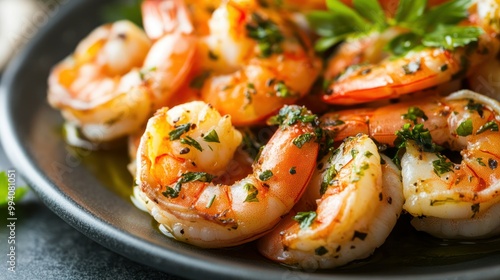 A close-up of grilled shrimp with herbs, showcasing the beautiful plating and flavors of this delicious dish.