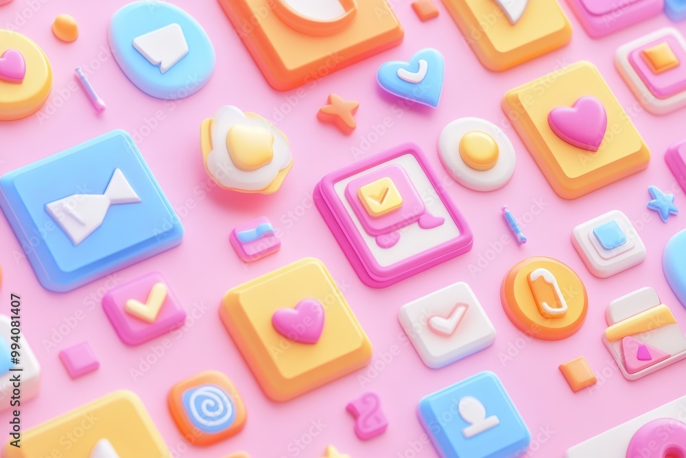 Fototapeta premium A colorful arrangement of playful app icons and buttons on a pink background.