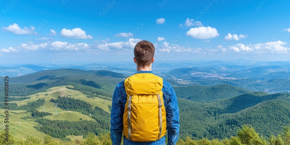 Man with Backpack Admiring Mountain View on Sunny Day Man with Backpack Admiring Mountain View on Sunny Day