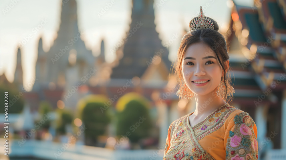 Beautiful asian woman wearing traditional thai dress with temple background Beautiful asian woman wearing traditional thai dress with temple background
