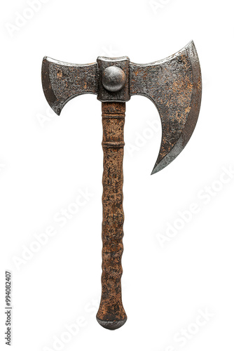 medieval axe front view, on isolated transparent background