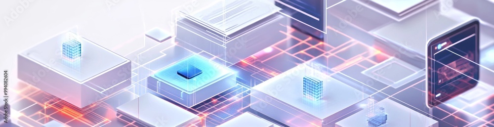 Fototapeta premium Abstract digital landscape featuring geometric shapes and glowing elements, symbolizing technology.