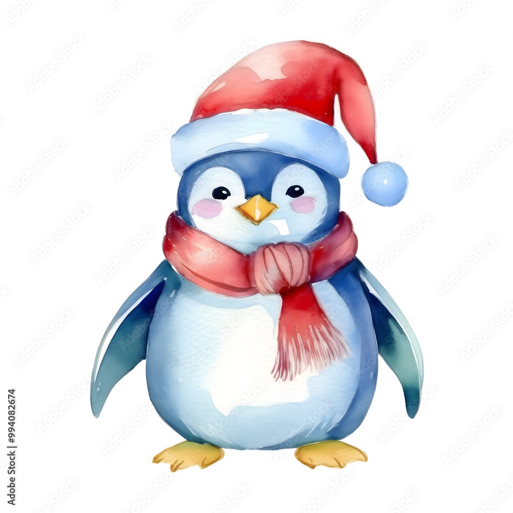 Naklejka premium Christmas-red color themed watercolor cute clipart hand drawing Penguin, Dressed in a Christmas hat or scarf