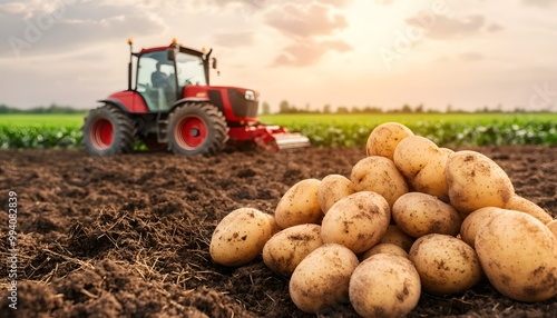 A tractor plows a field as fresh potatoes lie nearby, showcasing agricultural activities under a beautiful sunset.