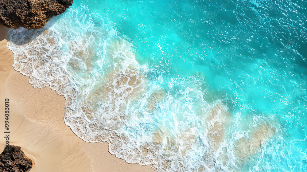Aerial view of a vibrant beach with turquoise waters gently lapping onto a sandy shore, framed by rocky outcrops. Aerial view of a vibrant beach with turquoise waters gently lapping onto a sandy shore, framed by rocky outcrops.