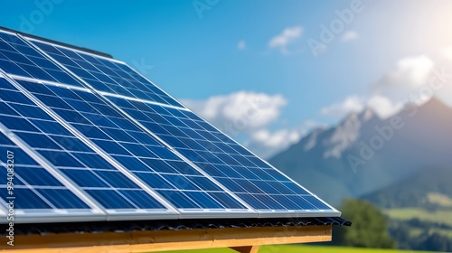 A solar panel captures sunlight with mountains in the background under a clear blue sky.