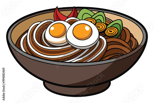 Asian noodle in broth with Beef tongue, meat mushroom and Alitame pickled egg in bowl on white board