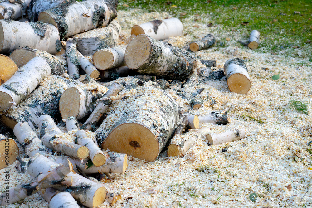 Cut a huge tree into small pieces.Harvesting firewood for the winter. Cut a huge tree into small pieces.Harvesting firewood for the winter.