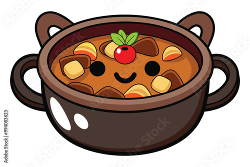 Beef meat stewed with potatoes, carrots and spices in ceramic on white background