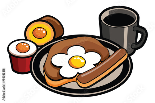 Full fry up English breakfast with fried eggs, sausages, bacon, black pudding, beans toasts on white background