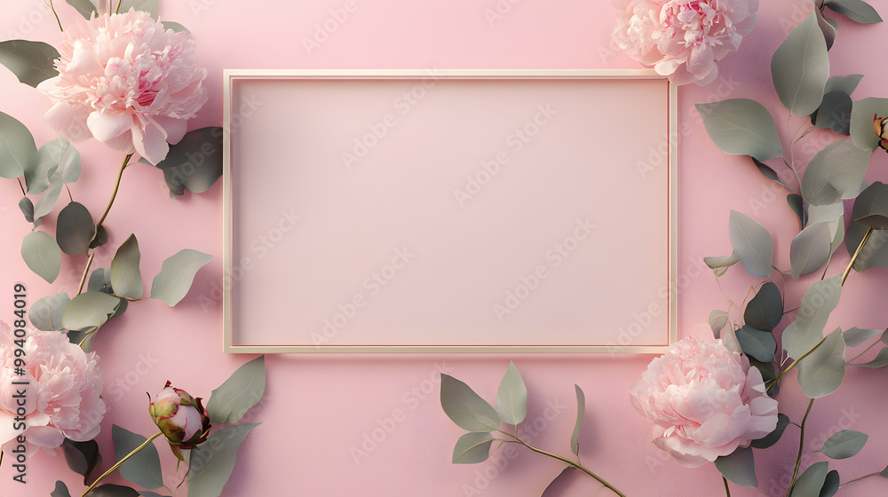 custom made wallpaper toronto digitalun fondo rosa decorativo con un porta retrato vacio para foto o espacio de copia con flores en color rosa tipo peonias y hojas y ramas verdes para invitacion o diseño decorativo