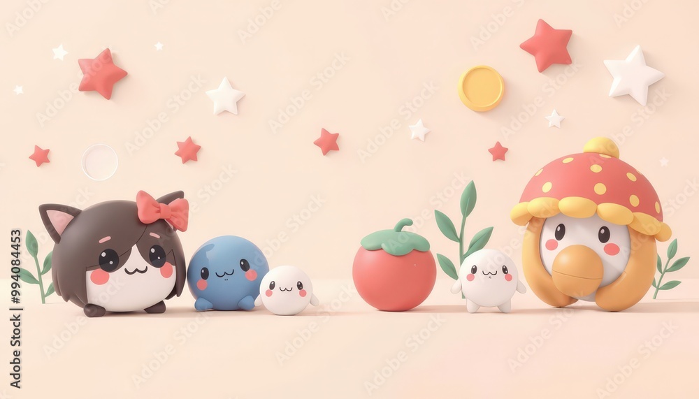 Cute 3D characters with stars and leaves on a pastel background. Cute 3D characters with stars and leaves on a pastel background.
