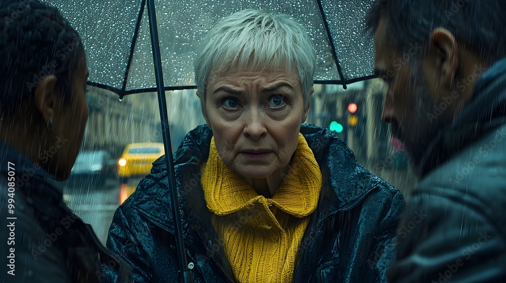 Fototapeta premium An elderly white woman in a yellow sweater caught in the rain, surrounded by two others.