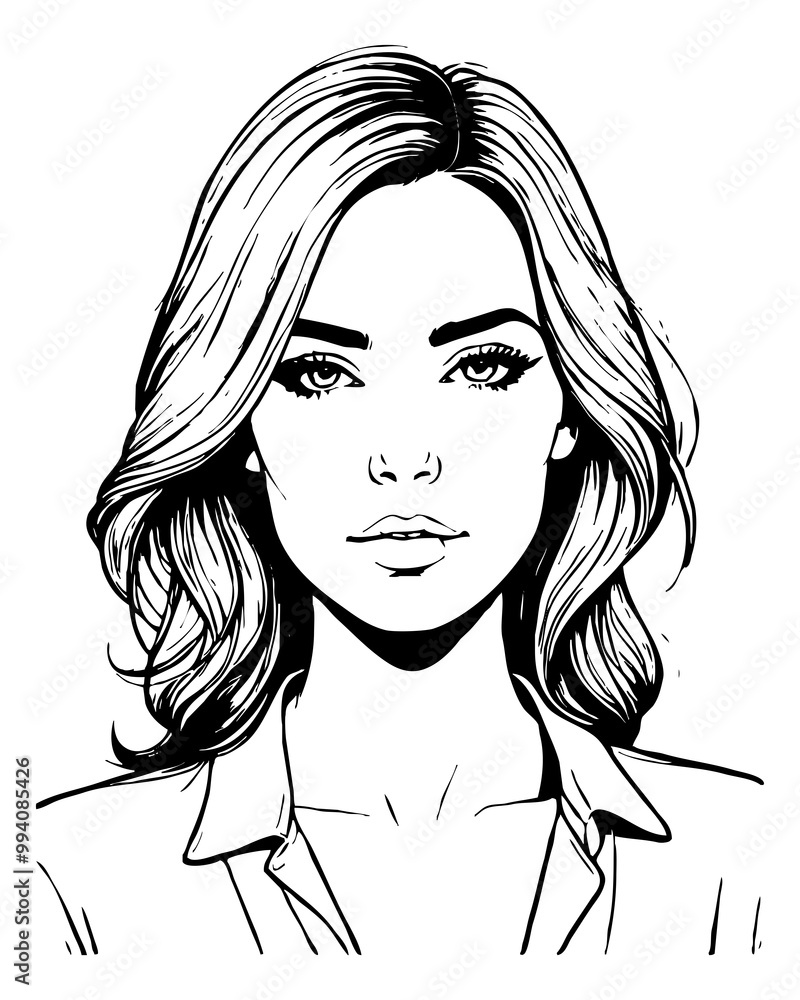 Fictional female character. Black and white line art. Logo design for use in graphics. T-shirt print, tattoo design. Fictional female character. Black and white line art. Logo design for use in graphics. T-shirt print, tattoo design.