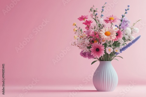 Wallpaper Mural A pastel vase filled with colorful flowers against a pink background, creating a cheerful ambiance. Torontodigital.ca