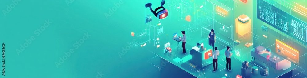 A digital workspace showcasing technology and collaboration in a futuristic setting. A digital workspace showcasing technology and collaboration in a futuristic setting.