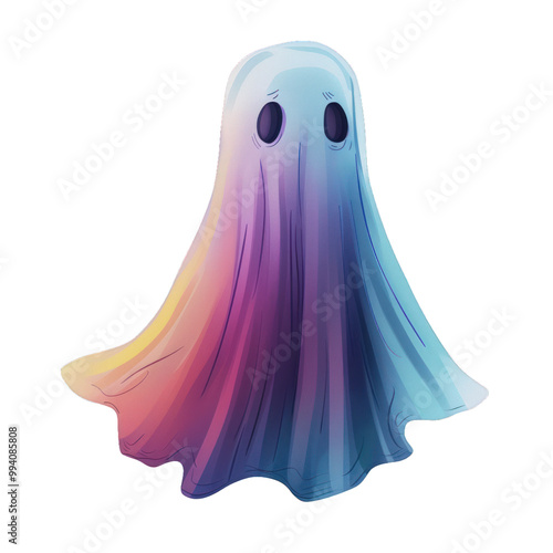 Cute ghost with a sad expression, floating in a colorful, ethereal style