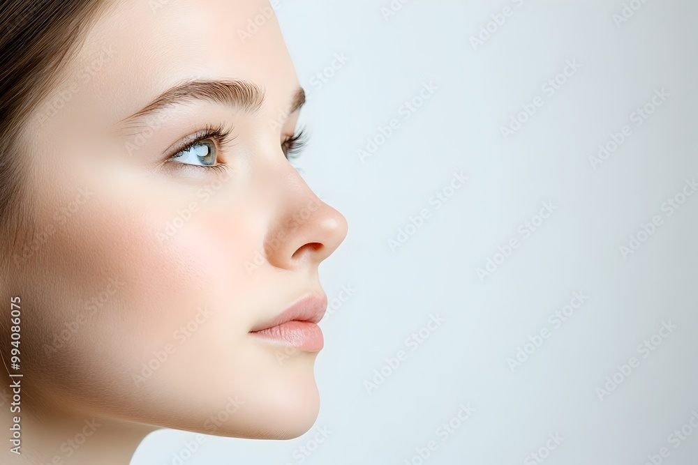 Minimalist Pensive Woman s Face with Delicate Skin Tones and Soft Lighting on Plain Background Minimalist Pensive Woman s Face with Delicate Skin Tones and Soft Lighting on Plain Background