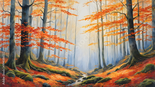Autumn Forest Watercolor Painting - Stream Through Fall Colors