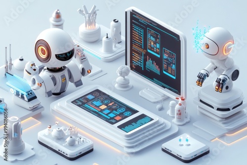 Wallpaper Mural A futuristic workspace featuring robots and data analysis tools. Torontodigital.ca