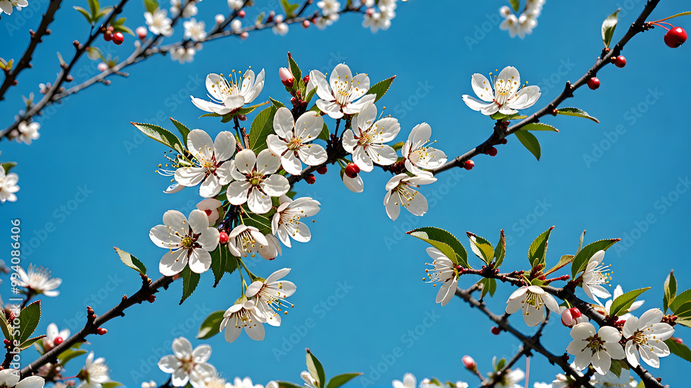 Beautiful White Cherry Blossoms Against a Blue Sky Beautiful White Cherry Blossoms Against a Blue Sky