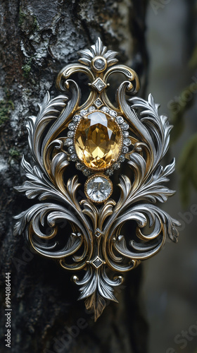 Wallpaper Mural Vintage jewelry brooch in Art Nouveau style featuring intricate silver and gold detailing, adorned with large yellow gemstone and smaller clear stone, showcasing elegance and craftsmanship Torontodigital.ca