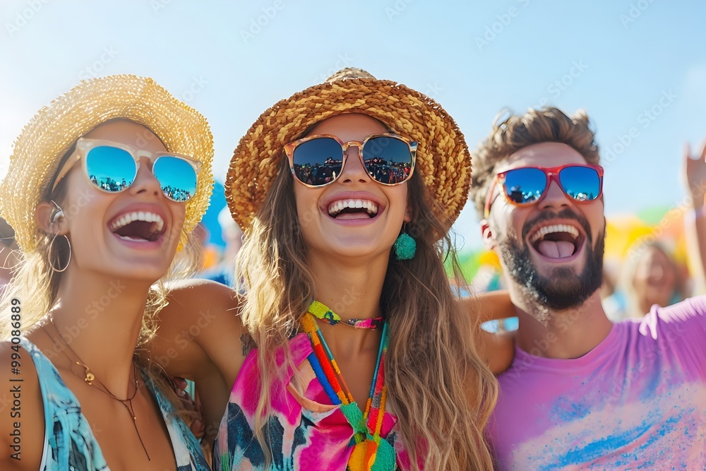 Joyful Friends Celebrating at Vibrant Music Festival with Colorful Outfits and Accessories Joyful Friends Celebrating at Vibrant Music Festival with Colorful Outfits and Accessories
