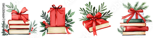 Colorful holiday stacked books with festive decorations on a white background. transparent background photo