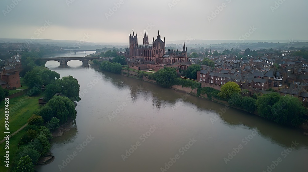 Aerial view of a historic castle by the river on a misty day. Aerial view of a historic castle by the river on a misty day.