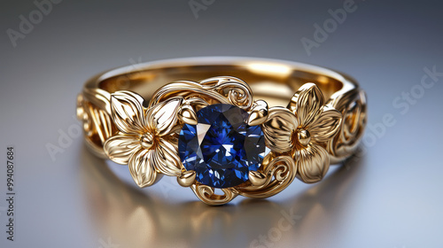 A stunning vintage ring in Art Nouveau style, featuring intricate floral designs and captivating blue gemstone at its center. This exquisite piece showcases elegance and craftsmanship