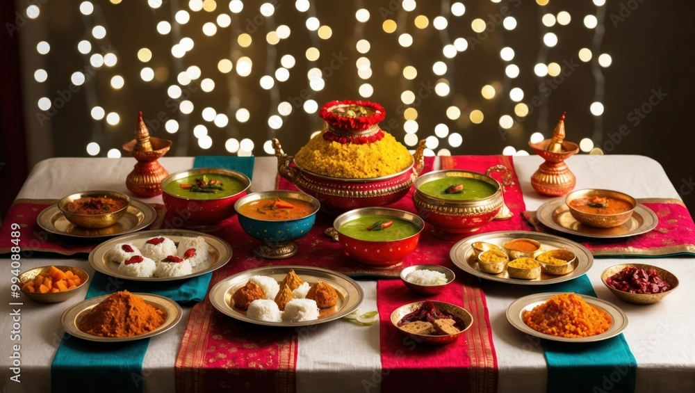 Naklejka premium Vibrant festive table adorned with traditional Indian dishes, offering a colorful dining experience for a celebratory occasion.