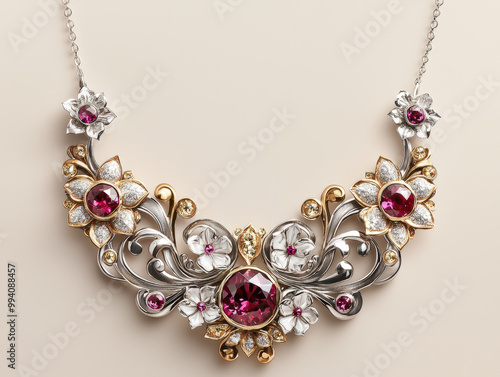 Wallpaper Mural Elegant Art Nouveau necklace featuring flowing floral patterns, adorned with vibrant gemstones and intricate metalwork. stunning piece that embodies beauty and craftsmanship Torontodigital.ca